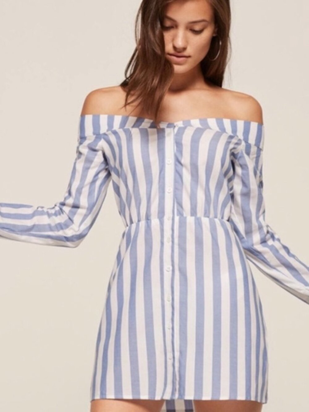 Reformation Bromley Blue White Stripe Off Shoulder Mini Dress US 6